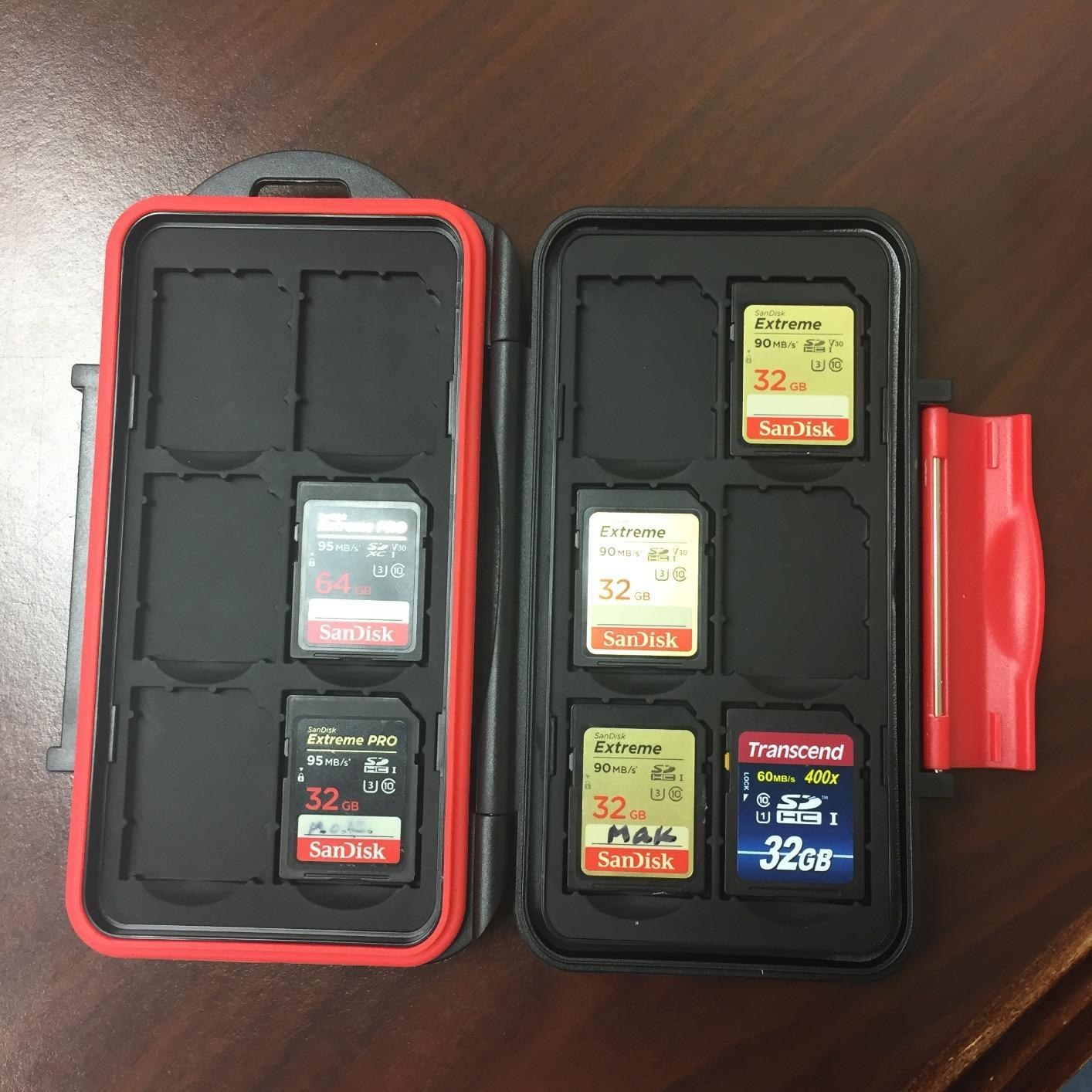 reviewer&#x27;s memory card case filled with memory cards 