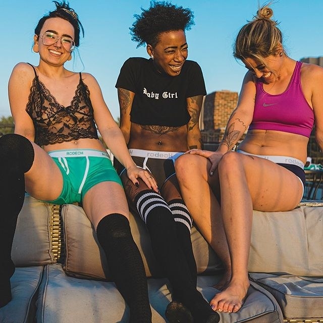 three models sitting outside in Rodeoh underwear