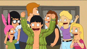 A gif of the characters from Bob&#x27;s Burgers cheering and looking happy