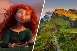 梅里达sitting in a field on the left and the rolling green hills of scotland on the right