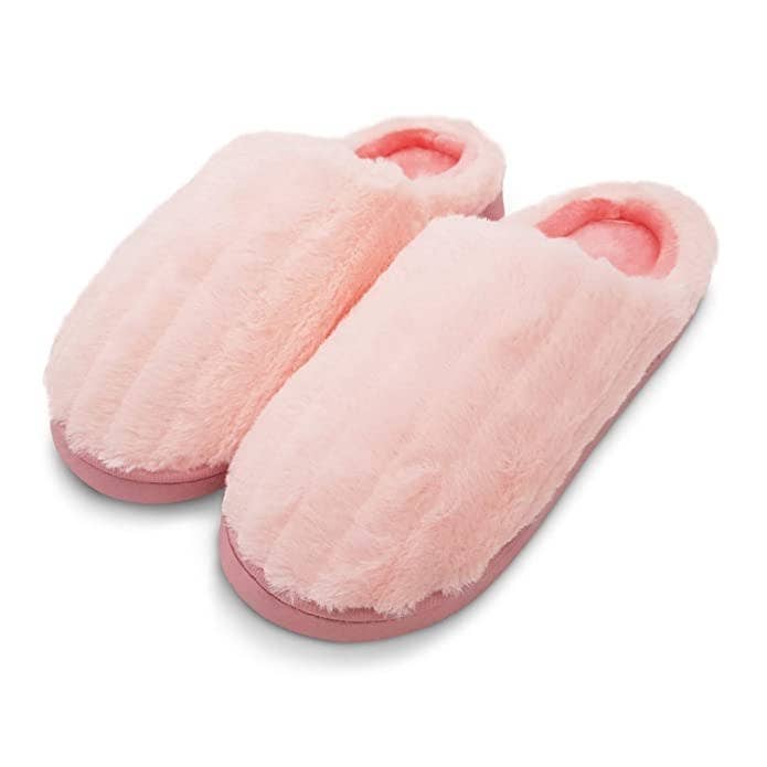 Pink fuzzy slippers.