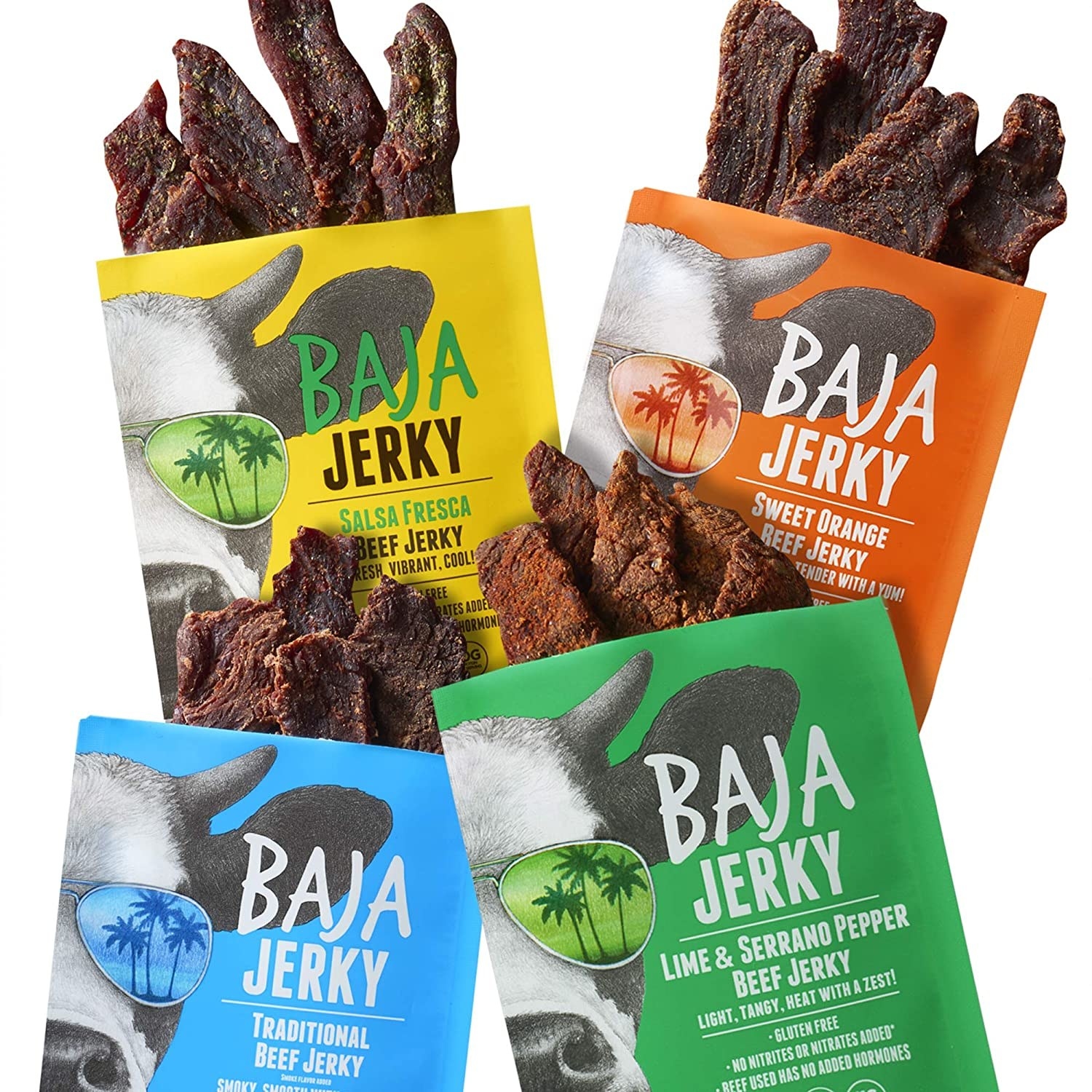 Sample pack of Baja Jerky with the yellow, orange, green and blue bags in clockwise order