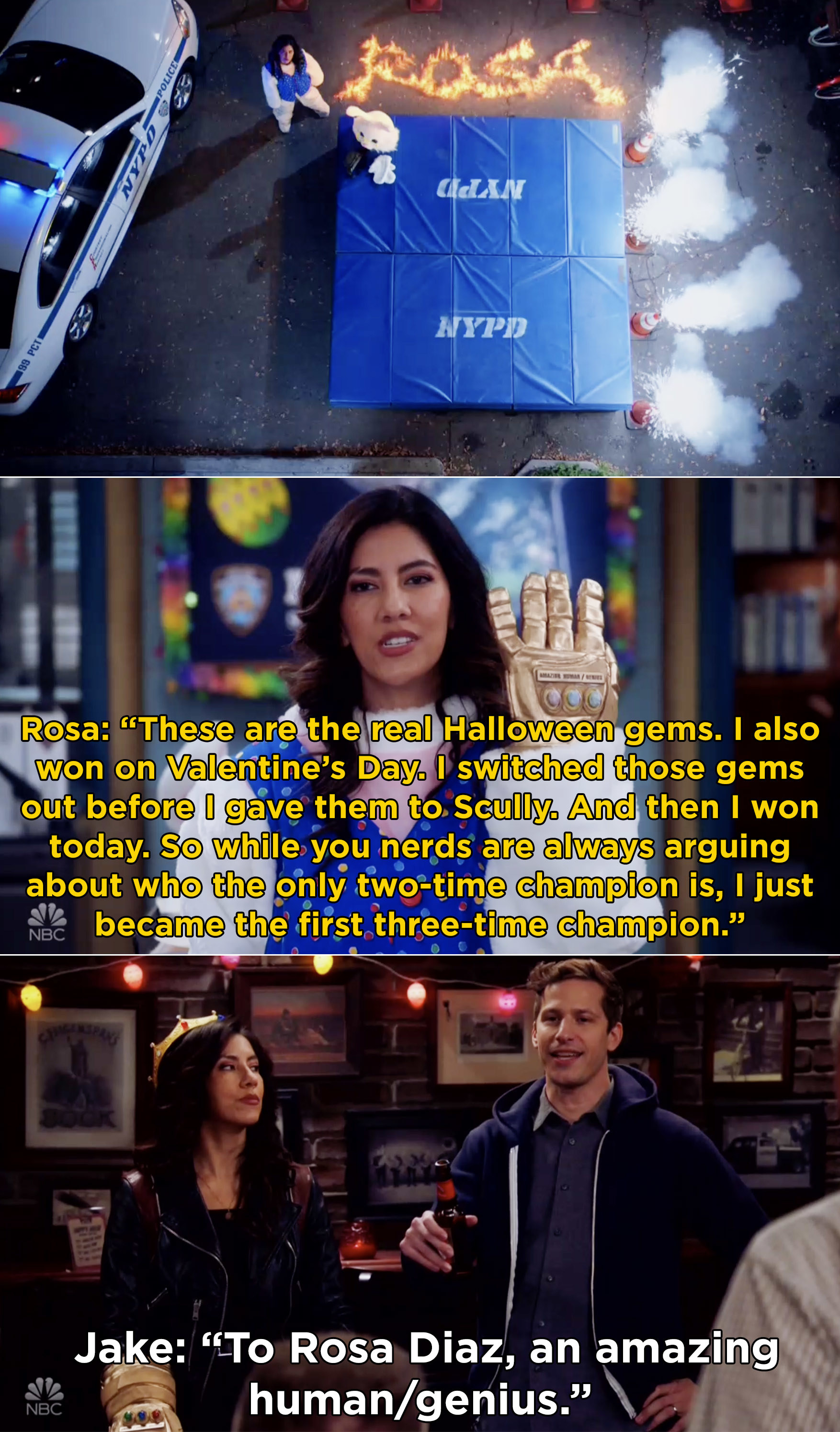 Rosa explaining that she won the Halloween, Valentine&#x27;s Day, and Easter heists