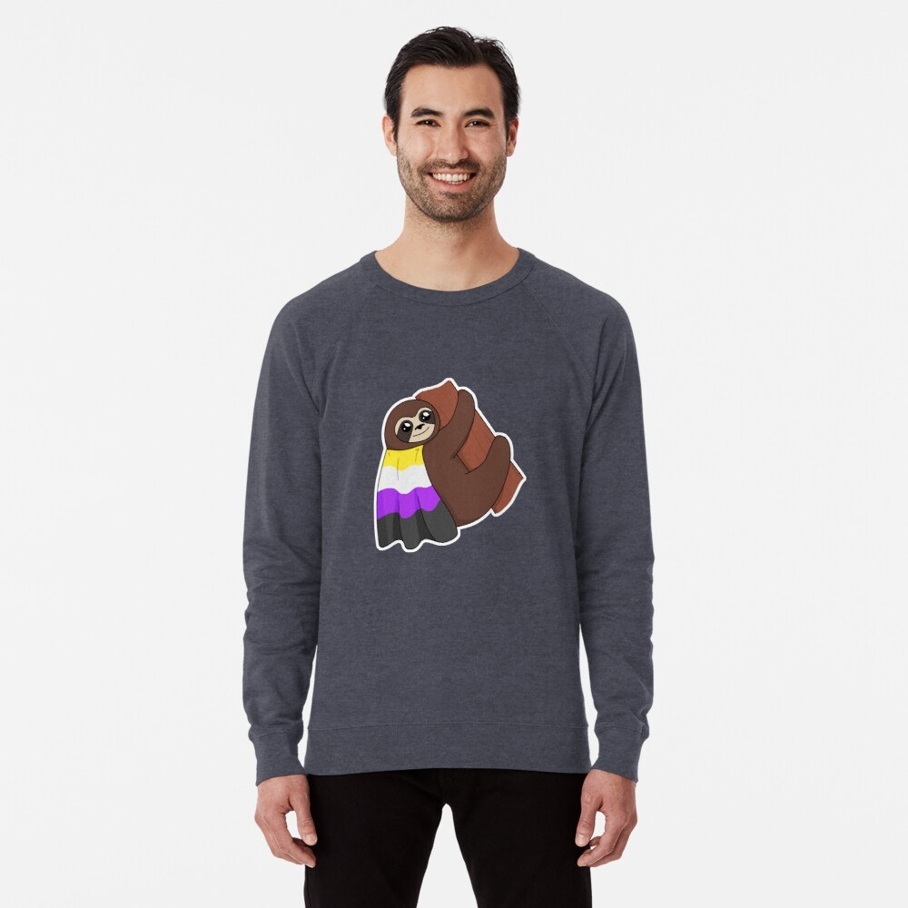a model wearing the dark gray sweatshirt with a sloth wearing a nonbinary pride flag as a cape in the center 