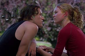 Patrick and Kat in 10 things i hate about you with a music note emoji next to them