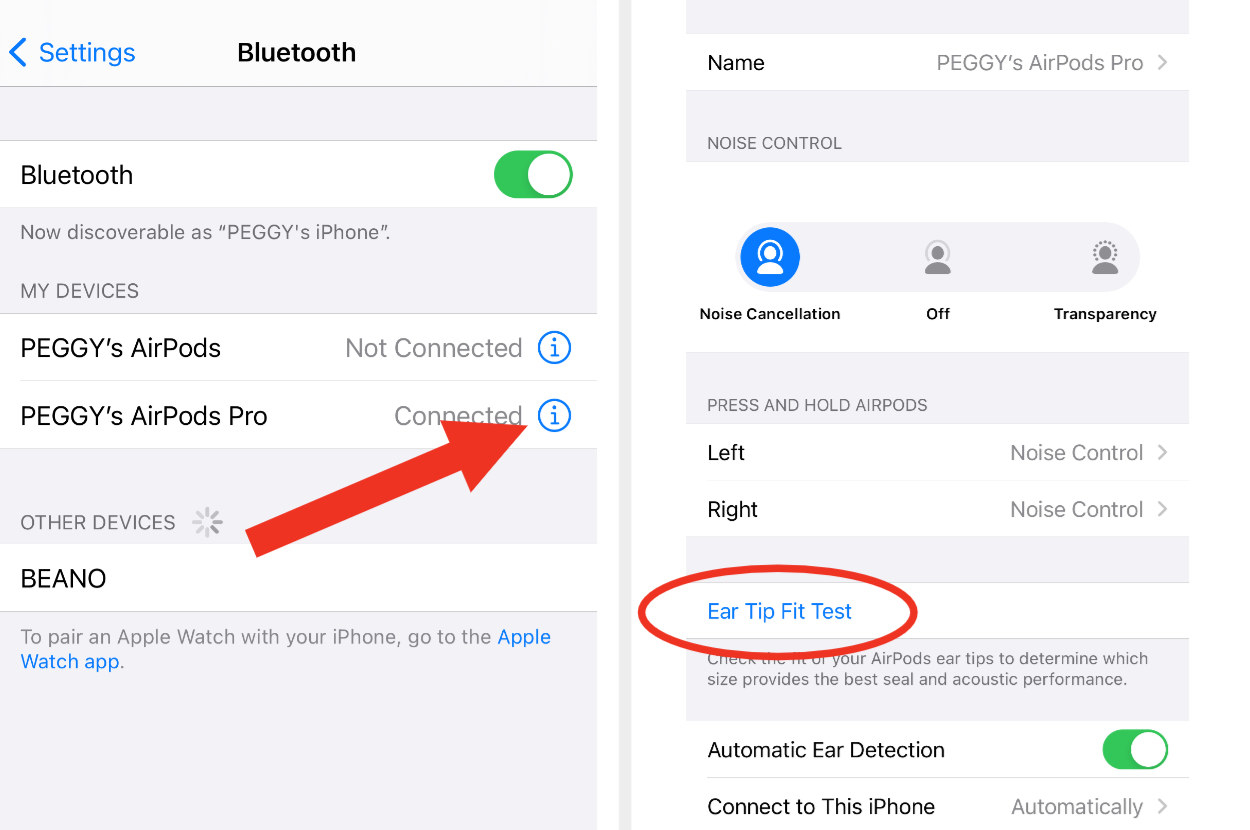 Screenshot of iPhone showing Settings &amp;gt; Bluetooth &amp;gt; AirPods Pro menu.