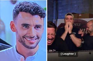 Brenden from The Bachelorette next to a meme of producers laughing