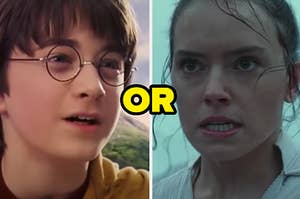 Harry Potter is squinting on the right with "or" written in the center and a "Star Wars" woman gritting her teeth