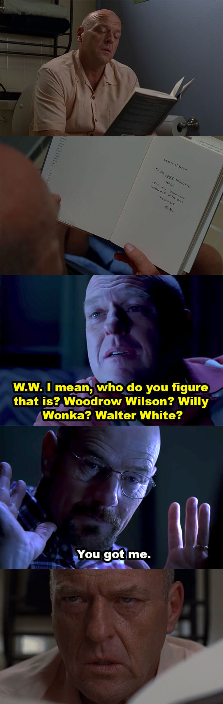 Hank sees an inscription from GB in the book and flashes back to talking with Walt about the W.W. inscription, guessing that it stood for Walter White