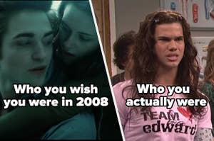 "Who you wish you were in 2008" with Edward and Bella and "who you actually were" with a still of Taylor Lautner in a Team Edward shirt on SNL