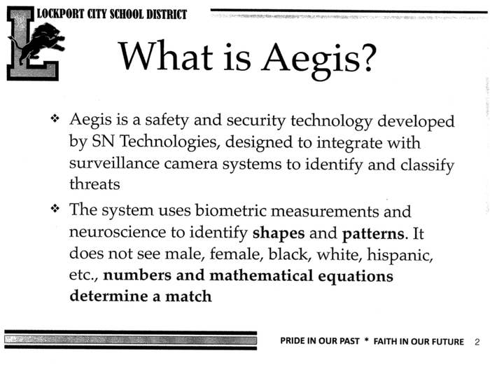 A slide claiming Aegis uses biometric measurements and neuroscience instead of seeing gender or race.