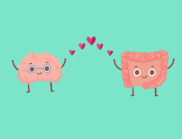 Illustrated brain and gut surrounded by hearts.