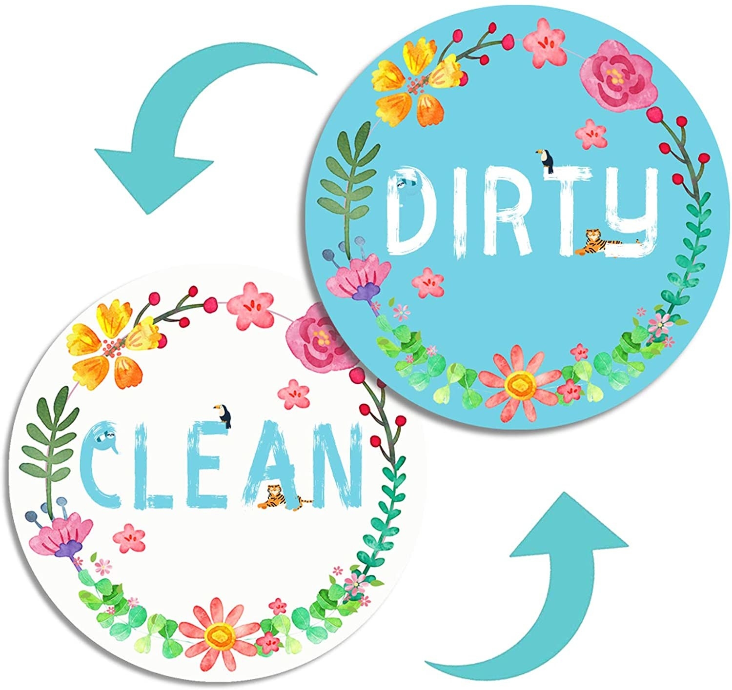 A magnet with floral watercolor that says &quot;clean&quot; on one side and &quot;dirty&quot; on the other 