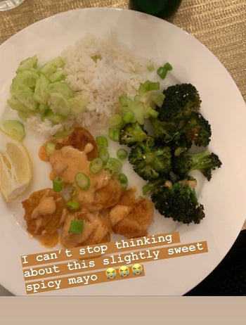 tempura shrimp, broccoli, rice, and a spicy mayo sauce that BuzzFeed Editor Maitland Quitmeyer made using HelloFresh