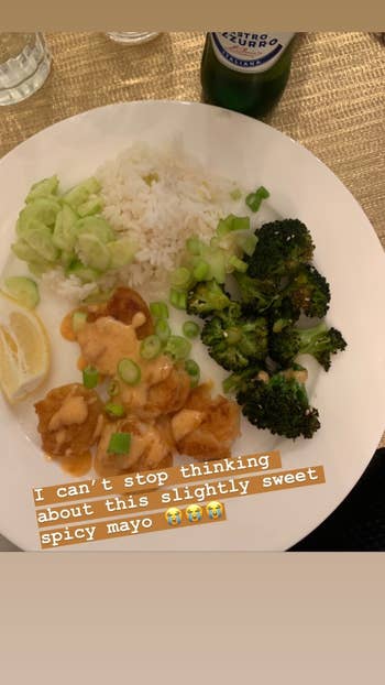 tempura shrimp, broccoli, rice, and a spicy mayo sauce that BuzzFeed Editor Maitland Quitmeyer made using HelloFresh