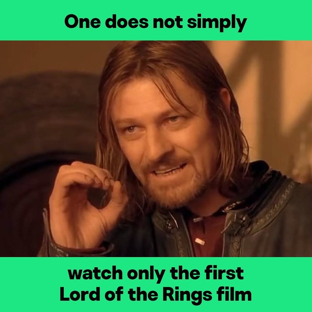 Meme of Sean Bean from LOTR with the text &quot;One does not simply watch only the first Lord of the Rings film&quot;