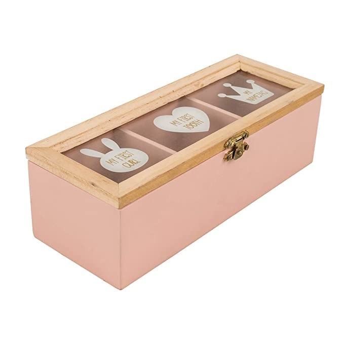 Pink storage box with a clear lid.