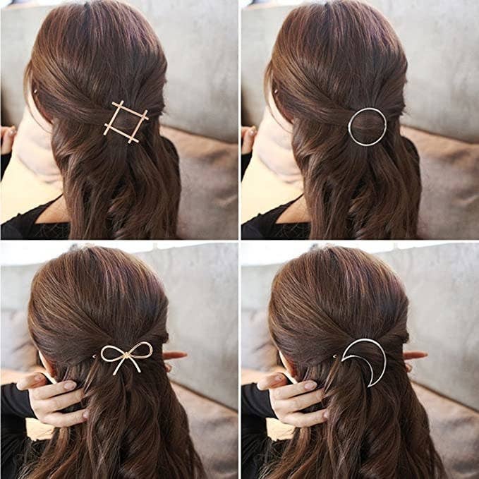 Diamond, circle, moon and bow shaped hair clips.