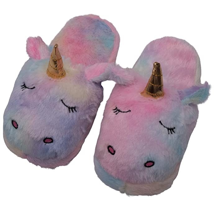 Multicoloured fuzzy unicorn slippers.