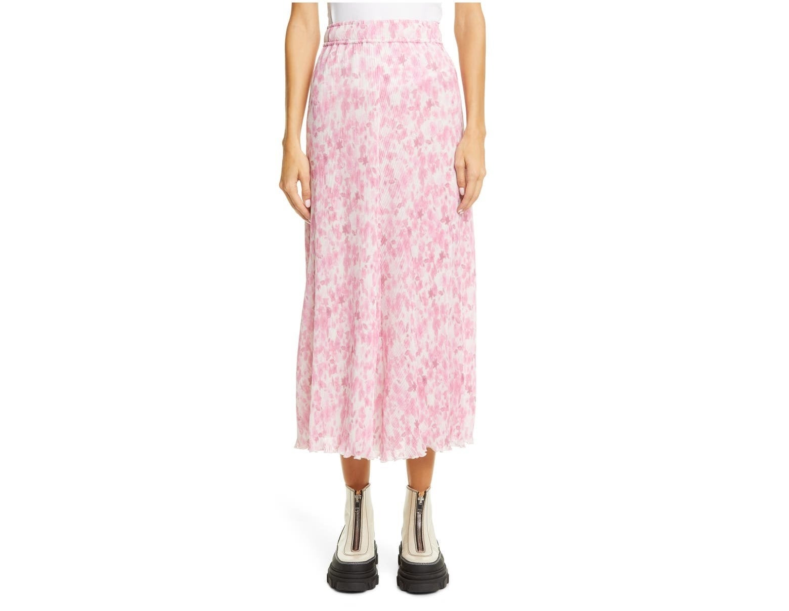 The pink and white pleated midi skirt