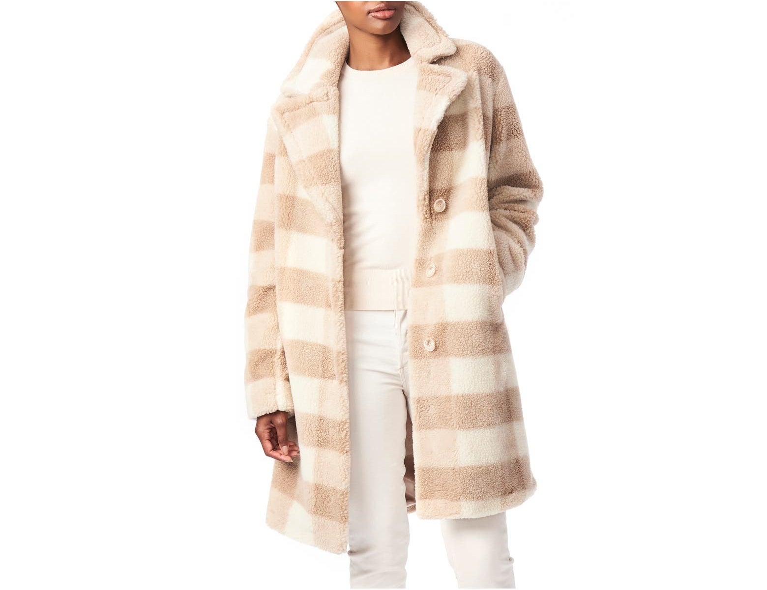 Model wearing the cream and tan check collared coat