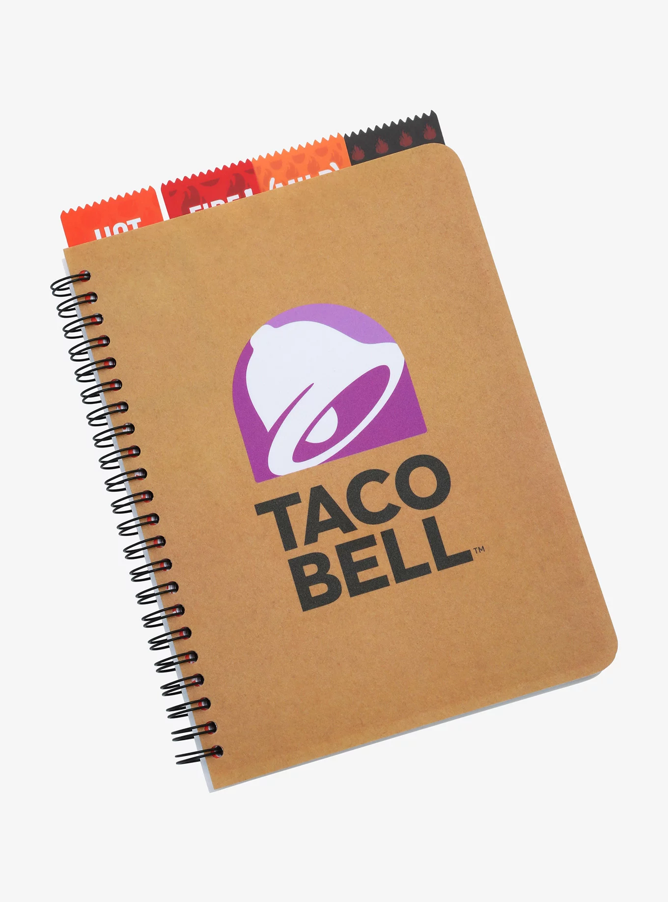 notebook with cardboard like cover that says taco bell with logo and hot sauce packet tabs poking out the top