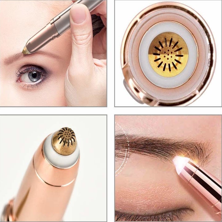 Close-up of the trimmer, as well as showcasing its application on eyebrows.