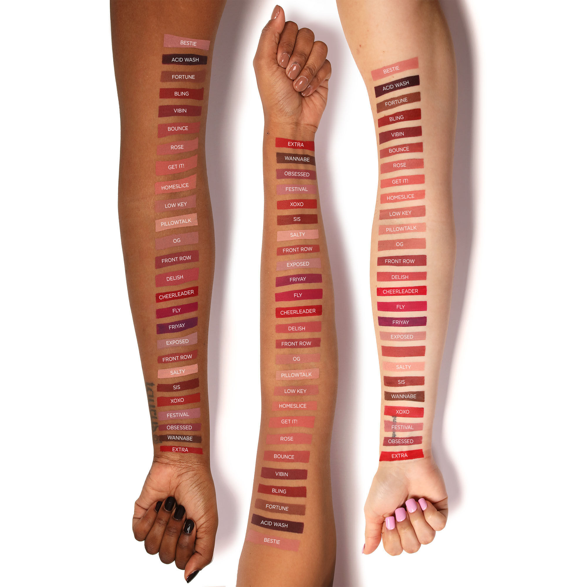 Swatches on forearms of three different skin tones