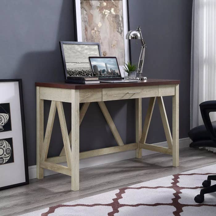 The A-frame desk with a white-oak body and an espresso countertop