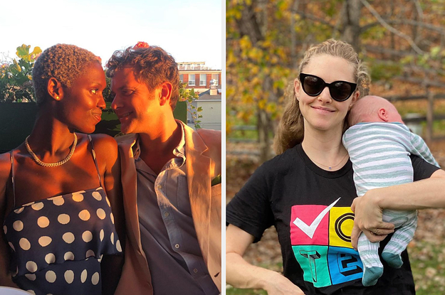 Jodie Turner-Smith and Joshua Jackson looking at one another; Amanda Seyfried holding her baby