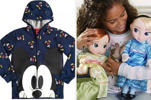 to the left: a mickey covered jacket, to the right: a model holding anna and elsa dolls