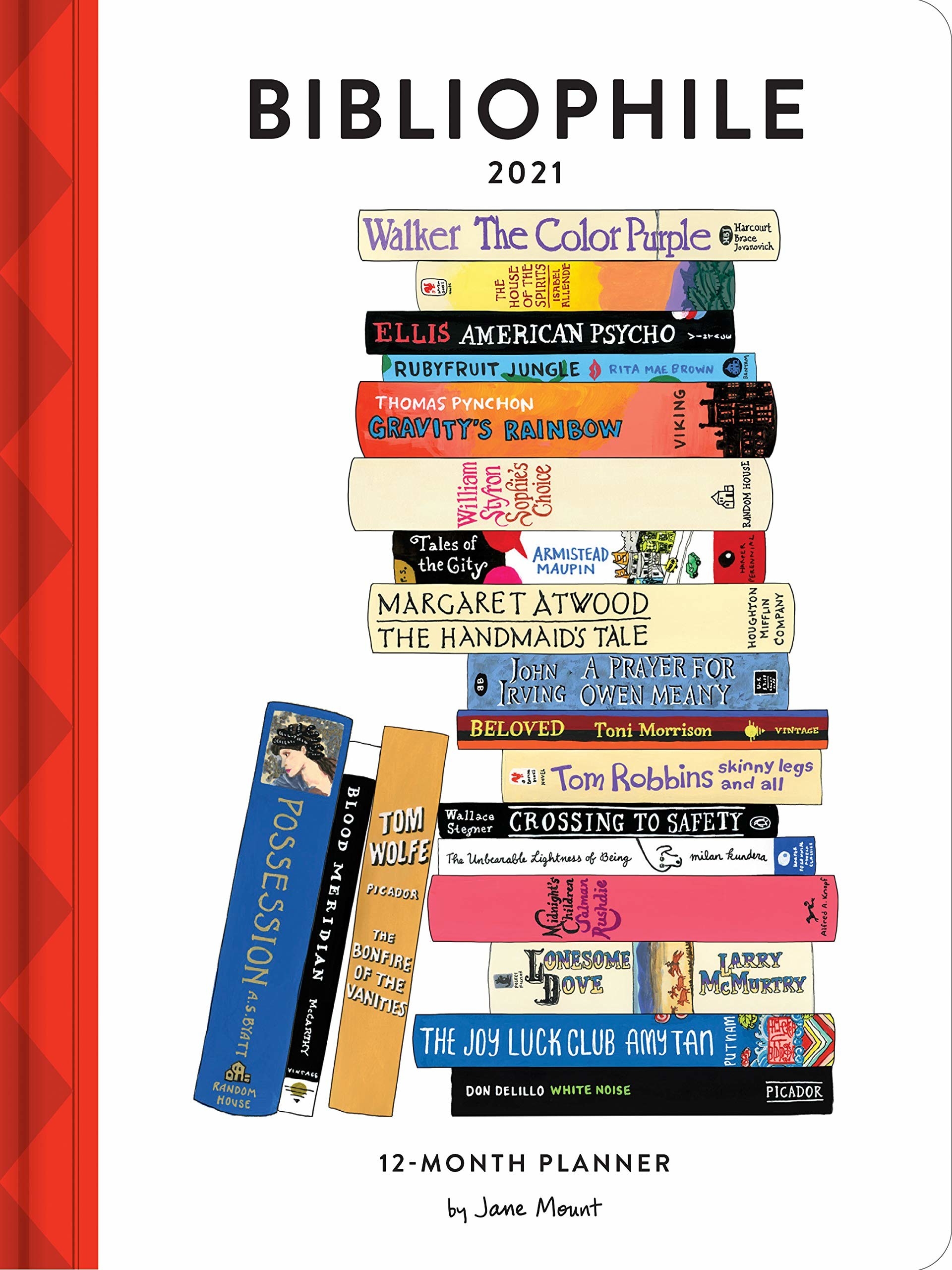 The cover of a 12-month planner with an illustration of a stack of books