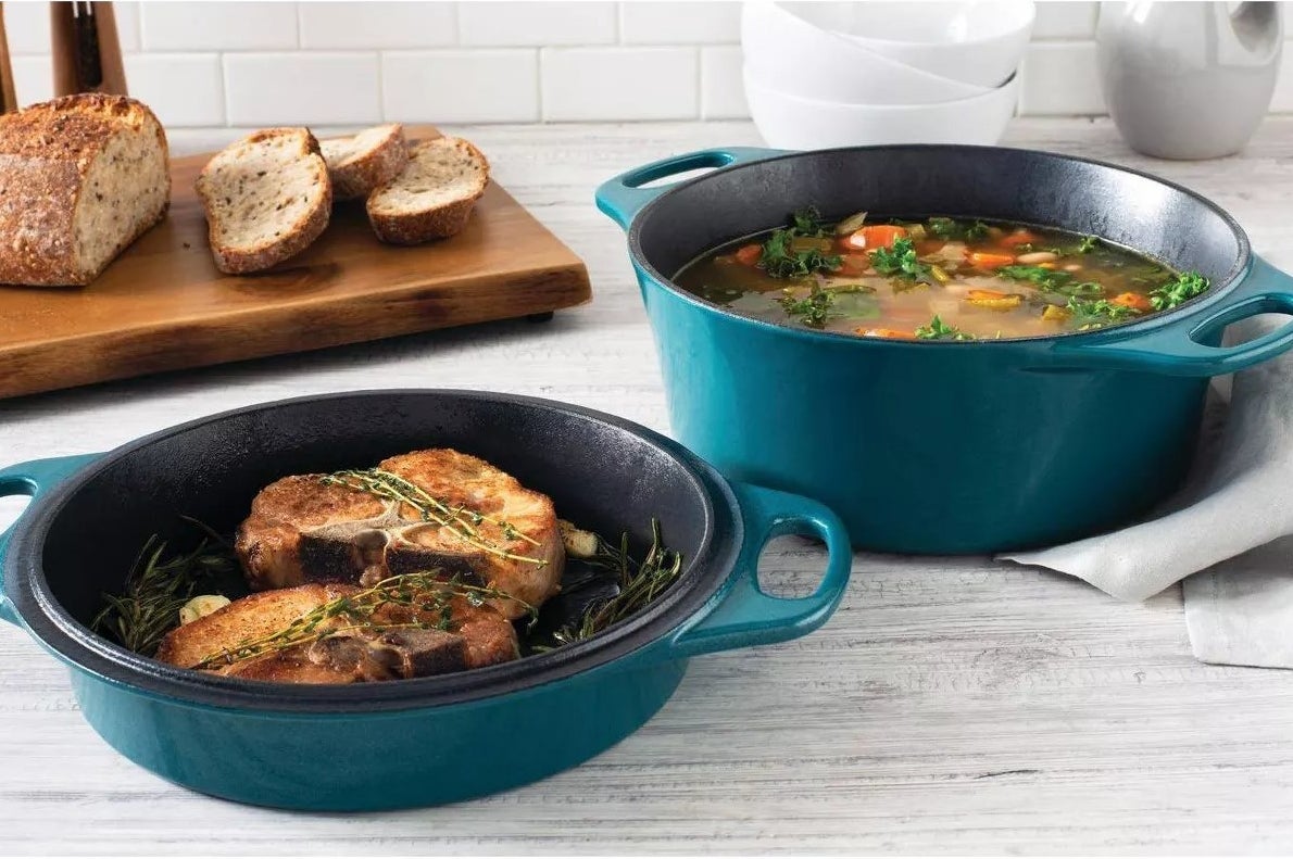 The Dutch oven and cast iron with cooked meals inside