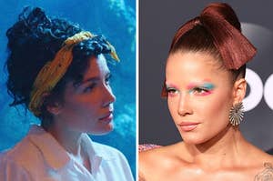 Halsey is on the left showing her side profile and on the right wearing a bun