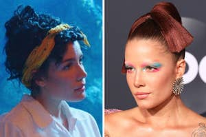 Halsey is on the left showing her side profile and on the right wearing a bun
