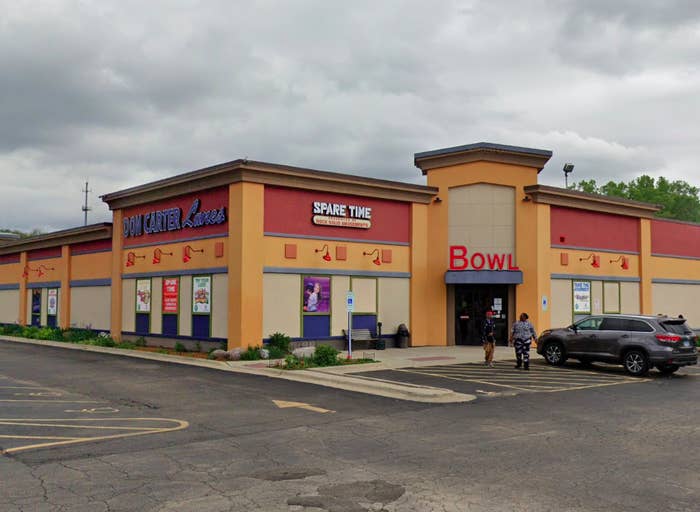 A parking lot outside a bowling alley, as seen from Google Maps