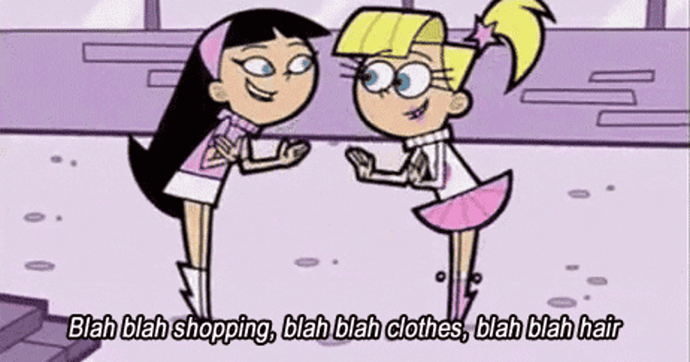 two animated characters saying &quot;blah blah shopping, blah blah clothes, blah blah hair)