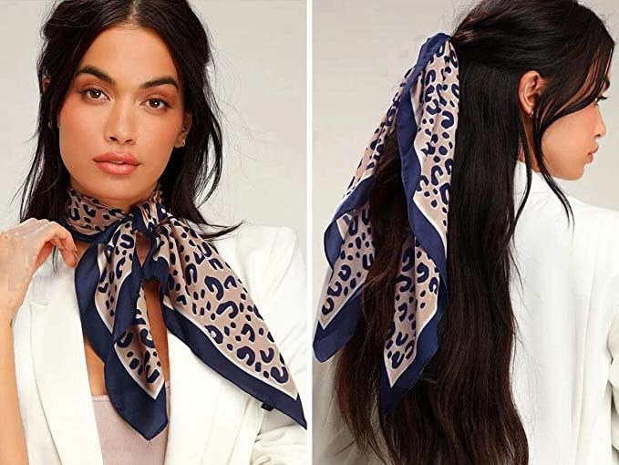 model with cheetah print scarf tied around neck, then around a ponytail 