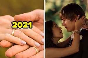 A man is putting a ring on woman labeled, "2021" with Gabriella and Troy kissing on the right