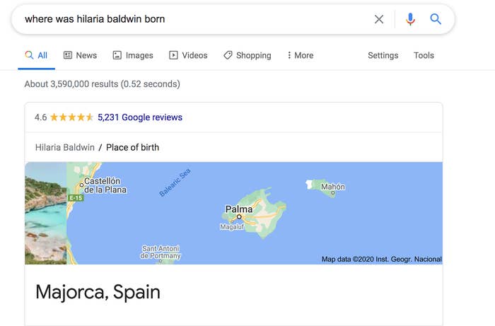 A screenshot of a Google search on where Hilaria Baldwin was born