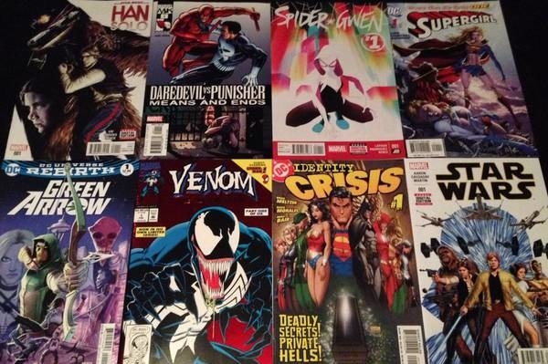 a spread of comic books