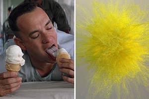 A man is on the left eating two ice cream cones with a splash of yellow on the right