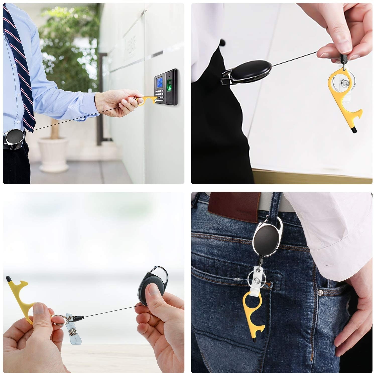 Four photos of model using keychain in different ways