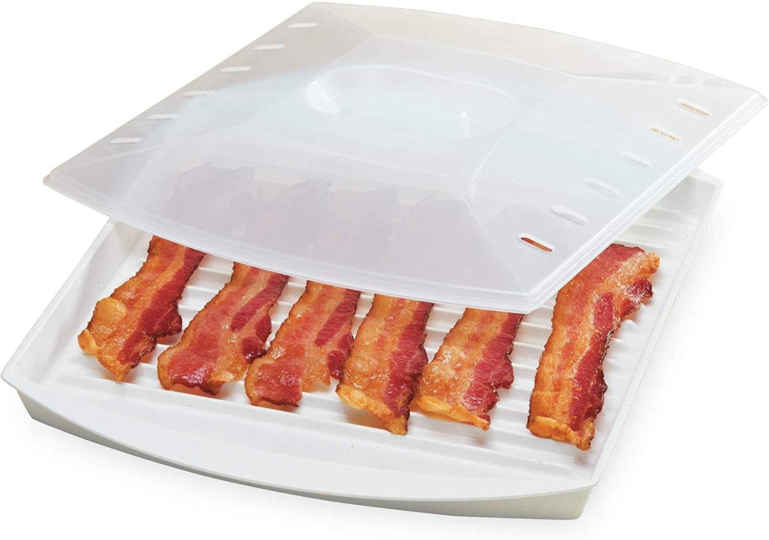 White bacon grill with lid covering six strips of pink bacon