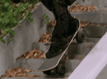 Raven skateboarding down steps