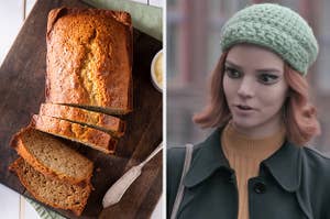 On the left, a loaf of banana bread, and on the right, Anya Taylor-Joy as Beth in 