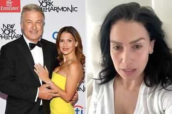 Hilaria and Alec Baldwin on the red carpet next to a still of Hilaria from her Instagram video