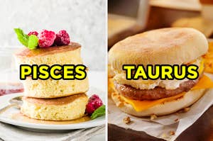 On the left, fluffy Japanese pancakes topped with raspberries labeled 