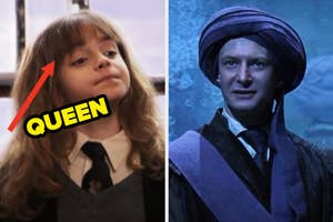 On the left, Hermione on the train with an arrow pointing to her and