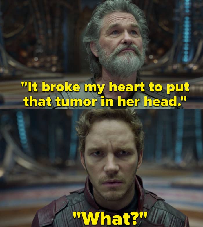 Chris Pratt as Peter Quill / Star-Lord and Kurt Russell as Ego in the movie &quot;Guardians of the Galaxy Vol. 2.&quot;